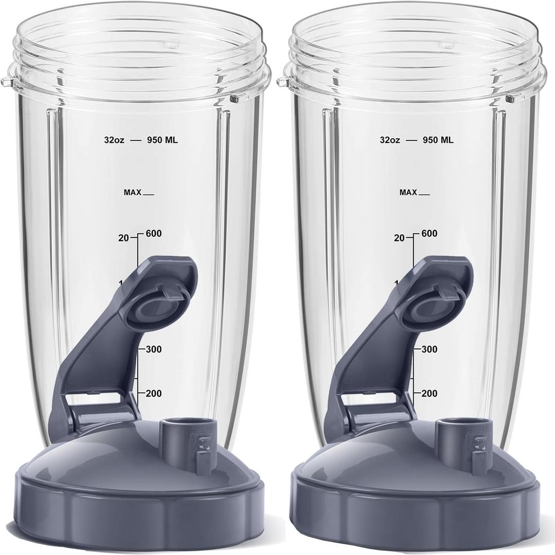 MEET JUICE 2-Pack 32oz Replacement Cups with Flip-Top To-Go Lids & Gaskets (4-Inch Diameter) ;Compatible with NutriBullet 600W/900W Series;NOT for Magic Bullet,Lean, RX