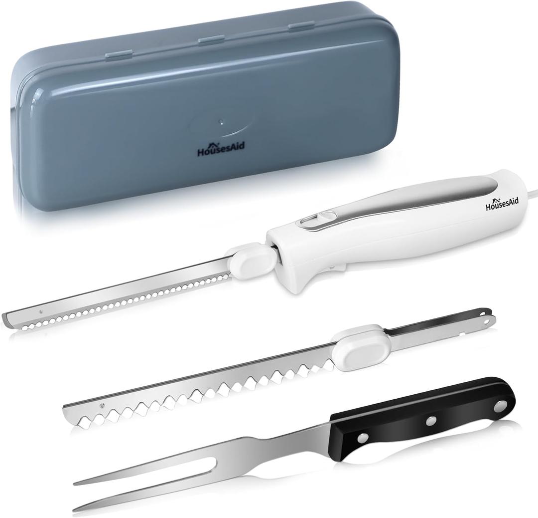 Electric Knife,Electric Carving Knife Set with Two Serrated Stainless Steel Blades,Carving Fork,with Non Slip Handle,Safety Lock and Storage Case for Meat,Bread,Other and Foods (White)