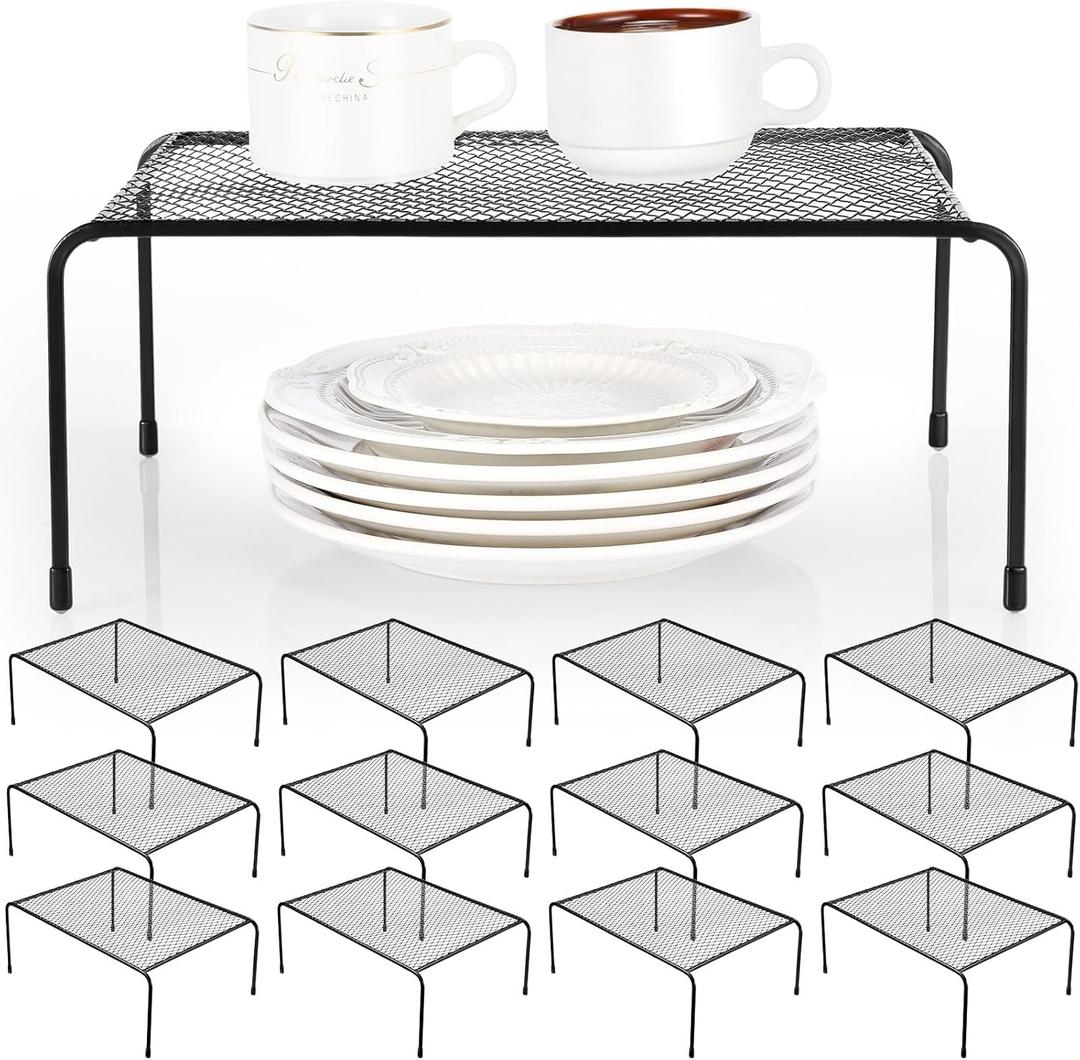 Kigley 12 Pcs Mesh Kitchen Shelves Cabinet Storage Shelf Rack 13 x 9'' Steel Wire Organizers Spice Storage with Rustproof Finish Non Slip Feet for Home Desk Cupboard Pantry Counter (Black)