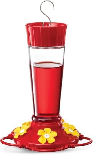 Hummingbird Feeder 10 oz Glass Feeders for Outdoors, with Built-in Ant Guard - Wide Mouth for Easy Filling - 2 Part Base for Easy Cleaning - Circular Perch with 5 Feeding Ports