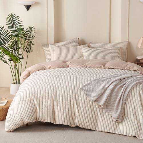 BUPIRD Duvet Cover King Striped Beige, 100% Washed Microfiber Jacquard 3 Pieces Beige King Striped Bedding Sets, with Zipper Closure & Corner Ties, Lightweight Soft Comfort Breathable (No Comforter)