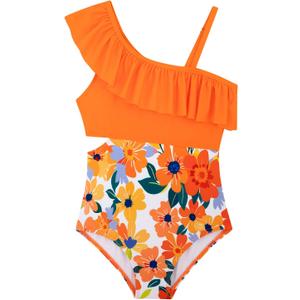 Girls One Piece Swimsuits Cutout Ruffle Bathing Suit Quick Dry Beach Swimwear with Adjustable Strap  (6-7 Years, Orange Floral)