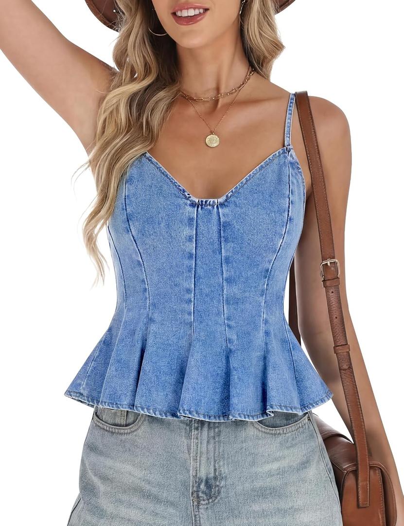 Peplum Denim Top V-Neck Crop Denim Halter Top Jean Vest Corset Tank Tops XL