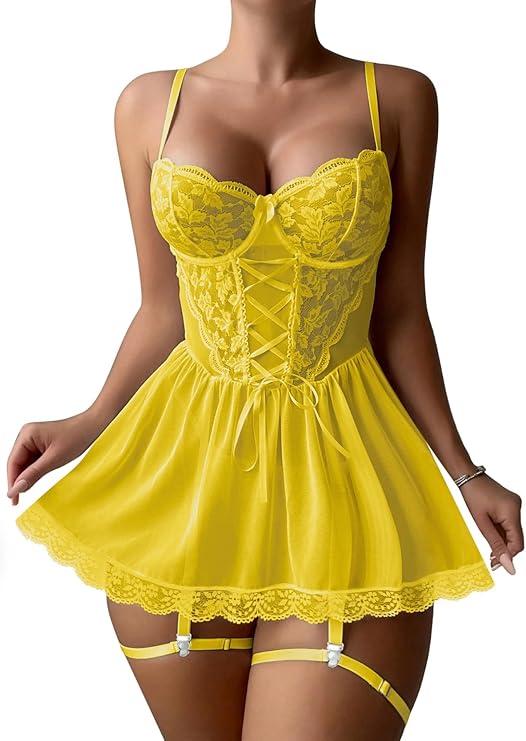 Lilosy Sexy Garter Belt Mesh Lace Babydoll Lingerie Dress Set with Thong (Large, Yellow)