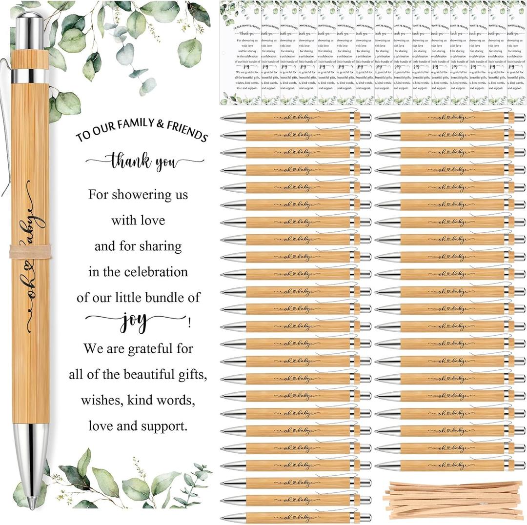 Yeaqee 100 Sets Greenery Baby Shower Pen Gifts for Guest Greenery Woodland Baby Shower Favors Retractable Pens Bamboo Pens Gender Reveal Greeting Cards Souvenirs Prizes