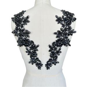 Handmade Rhinestones on lace Applique Sewing Beads Sequins Trim Patches for Wedding Dress Accessories 1 Pair/Bag (Black)