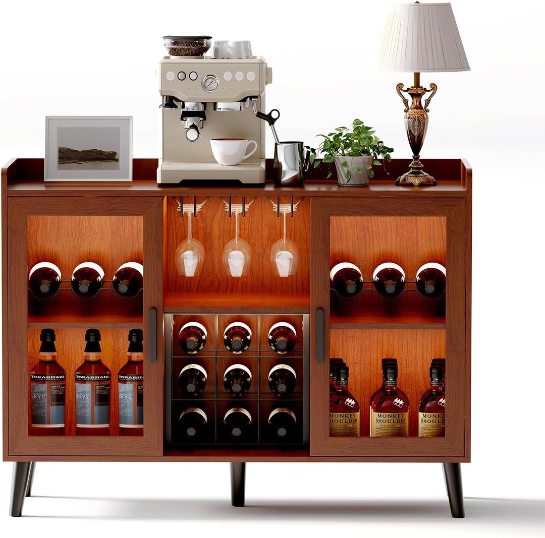 Freestanding Kitchen Sideboard Buffet Cabinet with Storage & LED Light, Wine Bar Cabinet for Liquor, Wine and Coffee Bar with Rack and Glass Holder for Home Living Room, Dining Room (Walnut Color) (47.24"D x 15.75"W x 35.43"H)