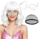 PLULON White Curly Bob Wig Heart Sunglasses for Women, Colored Wavy Wigs with Bangs Funny Synthetic Hair with Hair Cap Fashion Accessories for Bachelorette Christmas Party Cosplay Halloween Costume