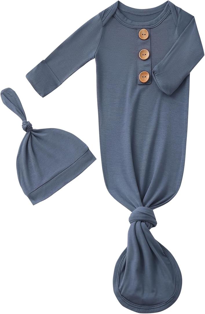 Newborn Baby Boys Girls Knotted Gown Hat Set Soft Bamboo Viscose Infant Sleeper Baby Sleep Gown with Mittens (0-3 Months, Navy)