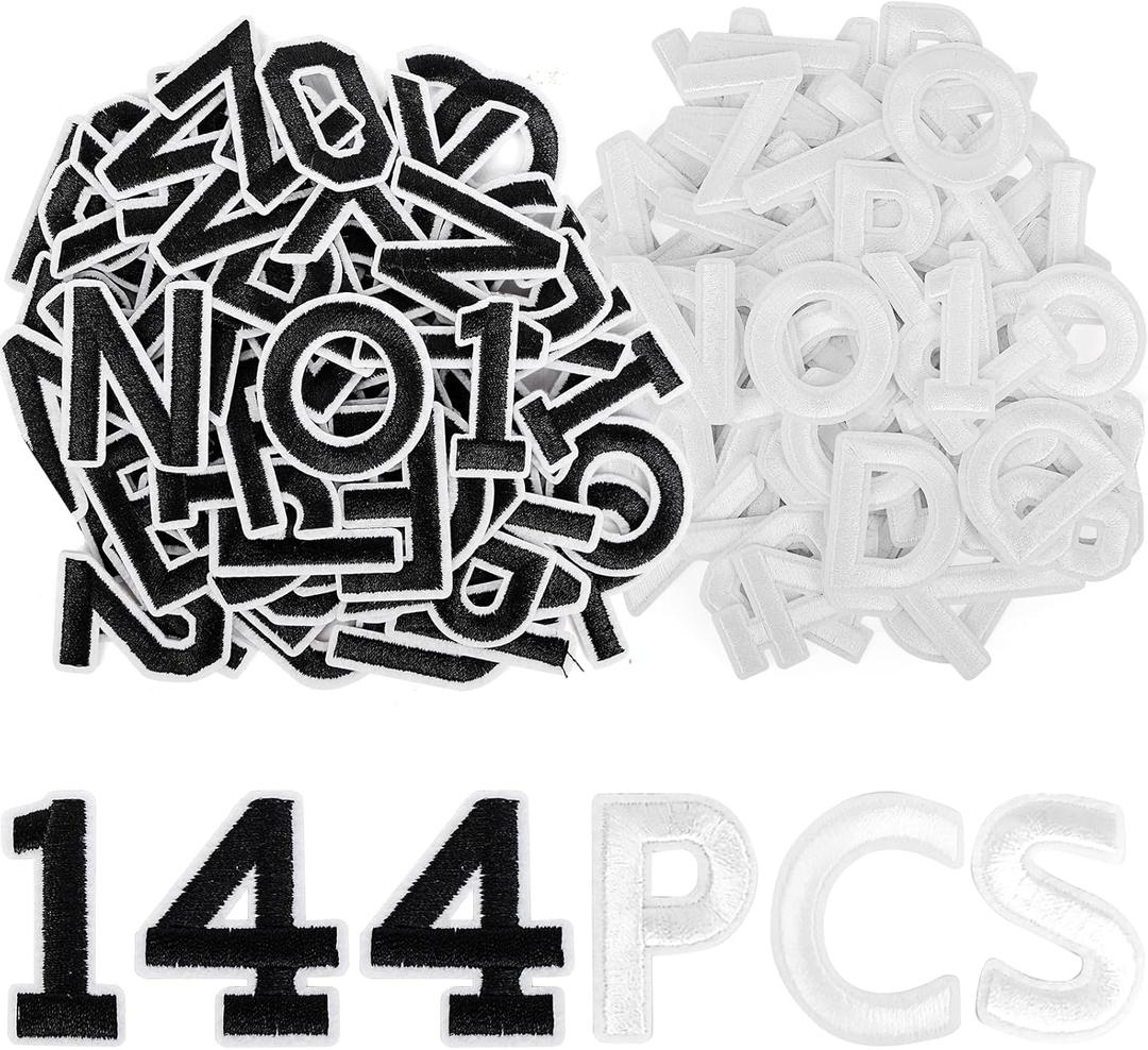 144Pcs Iron on Letters and Numbers Patches, Black and White Iron on Letter Patches,Adhesive Alphabet Embroidered Patch A-Z,Numbers 0-9 Applique for Clothes, Dress, Hat, Socks, Jeans, DIY Accessories (BK+WT)