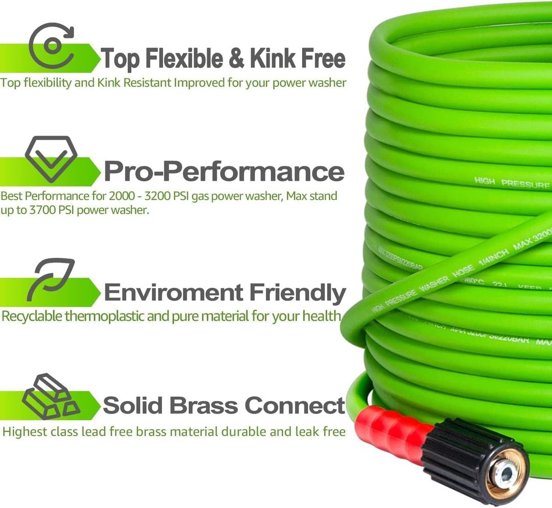 YAMATIC 100FT Flexible Pressure Washer Hose for Power Washer Replacement, Kink-Resistant Replacement with M22 & 3/8" Quick Connect, 1/4" 3200 PSI, Green