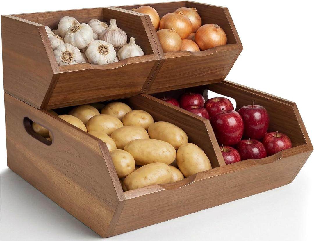 Acacia Wood Pantry Storage Bins, Stackable Storage Baskets Potato and Onion Storage Bins, Pantry Organizer Wooden Baskets Organization and Storage, Set 3 Pieces