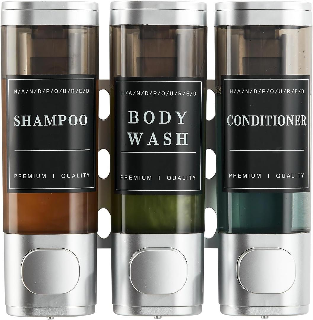 Shampoo and Conditioner Dispenser,Shower Dispenser 3 Chamber No Drill Wall-Mounted Shampoo Dispenser for Shower Wall Mounted Body Wash Dispenser for Bathroom Hotel Kitchen Large Capacity,Silver1