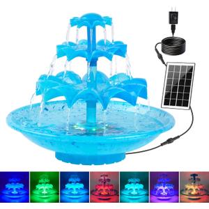 Yeomi 3-Tier Solar Fountain Pump with LED Lights, 24H Outdoor Water Feature, Detachable Design, Multi-Function Bird Bath Water Fountain for Garden Patio Yard Backyard Pond, 3.5W