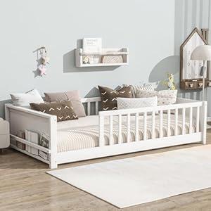 Twin Size Kids Montessori Floor Bed, Twin Floor Bed Frame with Slats and Bookcase, Solid Wood Montessori Bed for Girls Boys, White