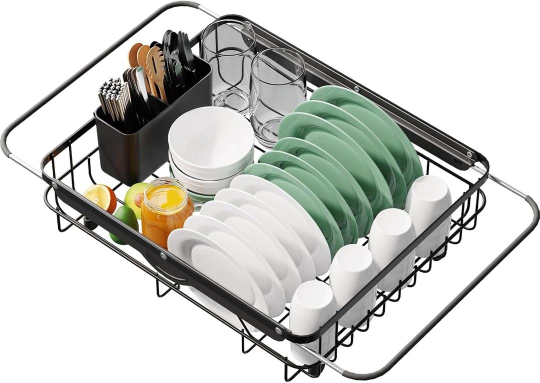 Kitsure Dish Drying Rack for Kitchen Counter, Stainless Steel Sink Organization and Storage Essentials with Cutlery Holder, Home and Appartment Decor, 12.2''W x 15.7''~23''L, Black