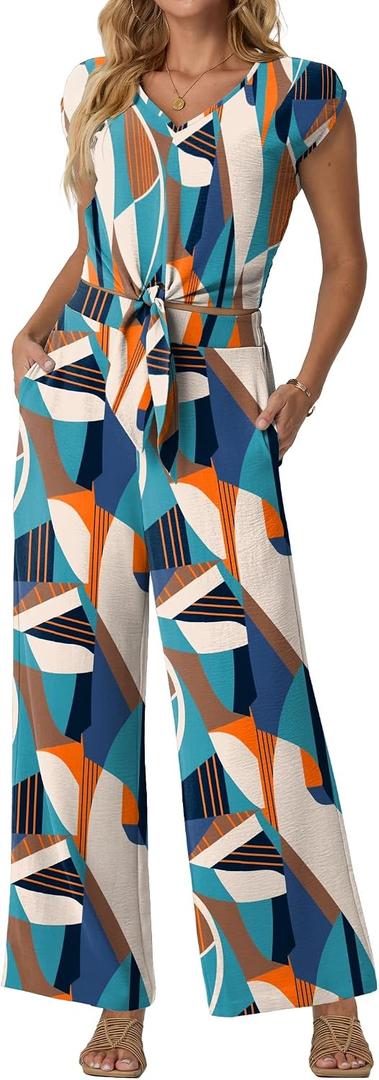 Lepunuo Women Summer 2 Piece Outfits Cap Sleeve V Neck Belted Crop Tops Casual Wide Leg Pants Matching Sets Travel Outfits (Blue, XL)