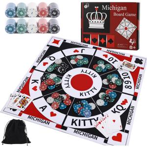 Michigan Rummy Board Game Set Tripoley Game Felt Mat Foldable Family Original Combination of Joker Rummy,Hearts and Poker Includes 2 Decks of Cards and 200 Numbered Poker Chips (3-in-1)