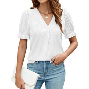 Blooming Jelly Women Summer Top Dressy Casual Blouse V Neck Puff Short Sleeve Trendy Tops Fashion Shirts Outfits 2024 (L)