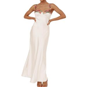 Sexy Satin Spaghetti Strap Floral Embroidered Maxi Dress for Women Sweetheart Neckline Backless Sleeveless Slit Midi Dress XS