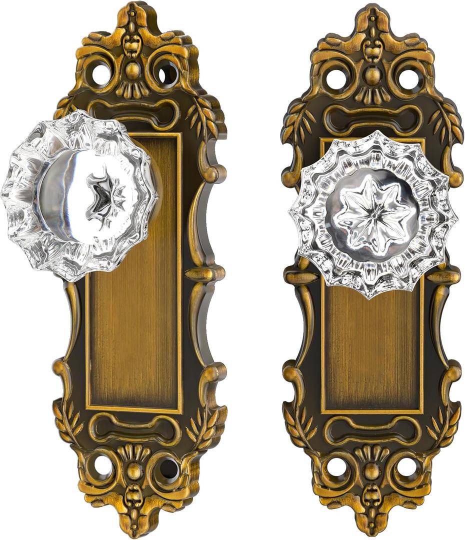 Gold Dummy Door Knobs Interior Brass 2 Pack Doorknob Crystal Glass Closet Door Handle Vintage Door Pulls for Pantry Door Hallway