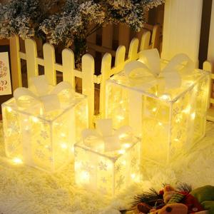 Set of 3 Christmas Lighted Up Gift Boxes with Remote Control & Timer 8 Modes Indoor Outdoor Christmas Decor with 50 LED Warm White Mini String Lights, for Christmas Tree, Yard, HomePorch Decor