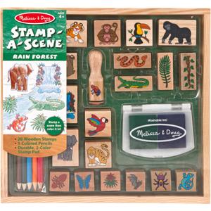 Melissa & Doug Stamp-a-Scene Stamp Set: Rain Forest - 20 Wooden Stamps, 5 Colored Pencils, and 2-Color Stamp Pad