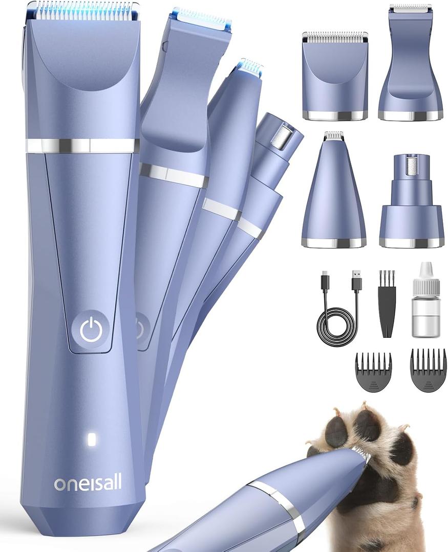 oneisall Dog Paw Trimmer 4 in 1, Low Noise Dog Clippers for Grooming, Cordless Dogs Grooming Kit Nail Grinder, IPX7 Waterproof Puppy Shaver for Pets's Paws, Eyes, Ears, Face, Rump (Purple)