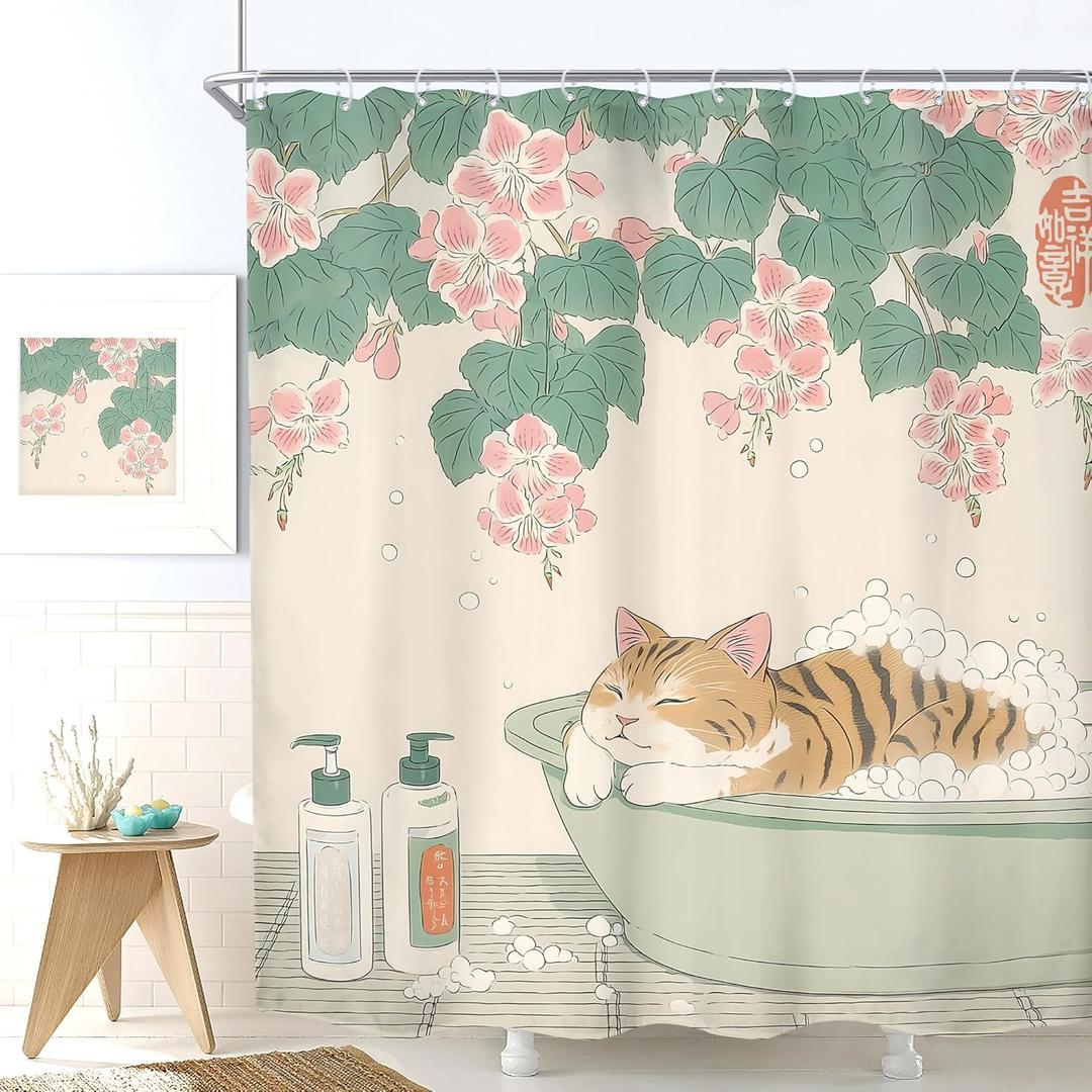 SVBright Japanese Cat Shower Curtain 60Wx72L Inch Kids Cute Funny Floral Green Leaves Plant Vintage Animal Cartoon in Bathtub 12 Pack Hooks Polyester Waterproof Fabric Bathroom Bathtub Panels