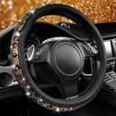 CAR PASS Bling Diamond Steering Wheel Cover Leopard Pattern, Sparkly Crystal Glitter Rhinestones Black Leather Wheel Protect for Women Girl Fit Suvs,Vans,Sedans,Cars,Trucks, 14" 1/2-15" Gold Leopard