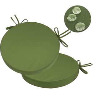 GUEGLSA Indoor Outdoor Round Chair Cushions 15 inch, Waterproof Bistro Seat Cushion with Ties Non Slip Circle Stool Chair Pads Set of 2, Green