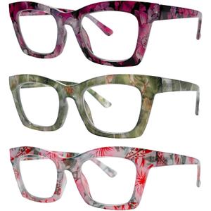 3 Pack Oprah Style Reading Glasses for Women Blue Light Blocking Computer Square Readers with Spring Hinge (Mix Color-10, 1.25, x)