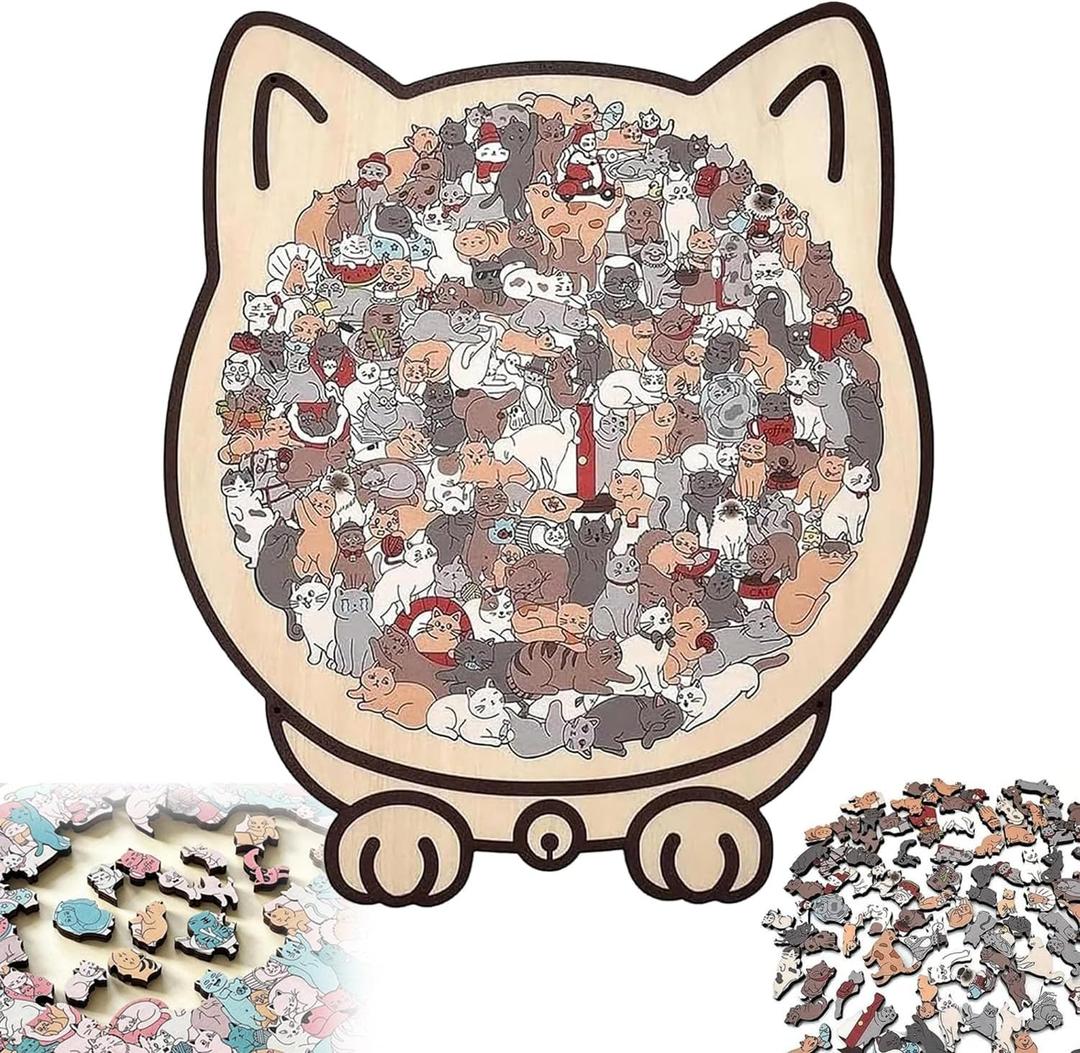 135 Piece Colored Cat Shaped Wooden Jigsaw Puzzle, Cats Shaped Wooden Puzzle, Unique Animal Shape Wood Puzzle and Acrylic Cover, Creative Gifts for Cats Lovers, Home Decor