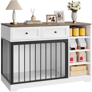 IDEALHOUSE 47 Large Dog Crate, Dog Kennel Indoor with 2 Drawers and 4 Shelves, Dog Crate Furniture TV Stand, Wooden Dog Cage for Medium Large Dogs, White