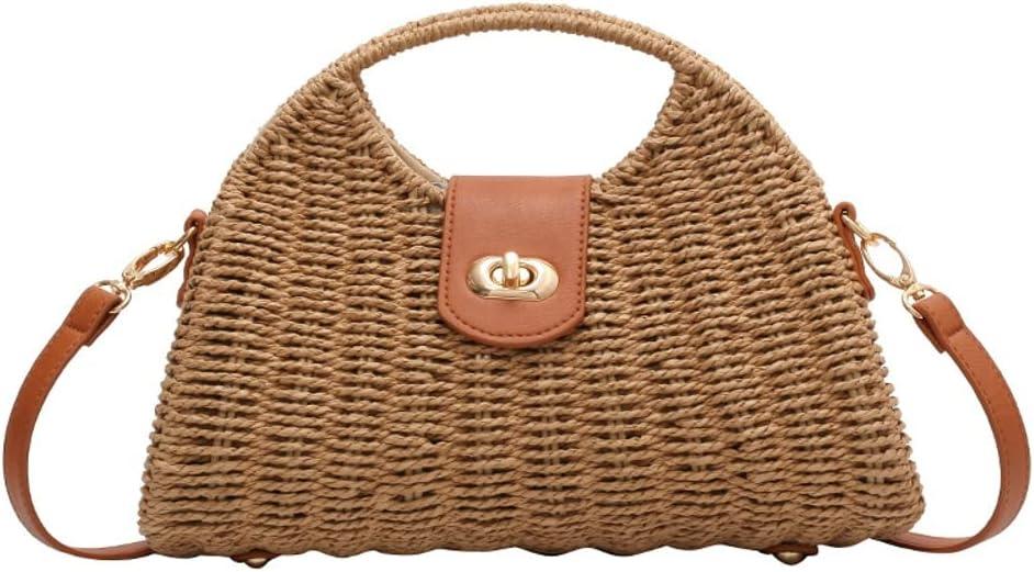 Summer Straw Bag for Women Straw Hand-woven Top-handle Handbag Crossbody Tote Clutch Bags for Travel (Khaki)