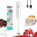 HAUSHOF Powerful Rechargeable Milk Frother Wand, Handheld Electric Foam Maker, Drink Mixer with Detachable Stainless Steel Whisk for Coffee Latte, Cappuccino, Matcha, No Stand, White