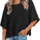 Aisongyuan Womens Fashion T-Shirt Crewneck 3/4 Sleeves Solid Color Loose Basic Tops Summer Casual Tees Blouses(Black,L)