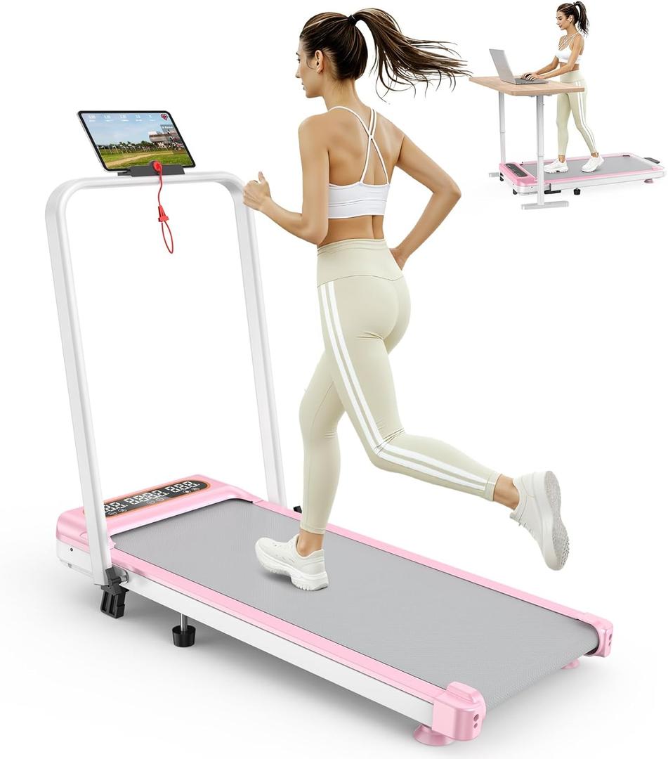 Foldable Treadmill with 10% Incline, Upgrade 3.5HP Low Noise Walking Pad Treadmill with Handle Bar, Trisomy 4 in 1 Portable Under Desk Treadmills for Home/Office, 350Lbs Capacity, APP & Remote Control (10% inlcine pink)