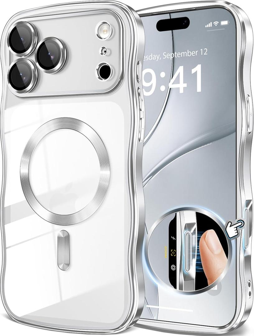 GVIEWIN for iPhone 17 Pro Max Case Compatible with MagSafe, Upgraded [Full Camera Protection][Cute Wave Frame][Military Grade Protection] Electroplated Hard Phone Cover for Women Girl, Clear/Silver