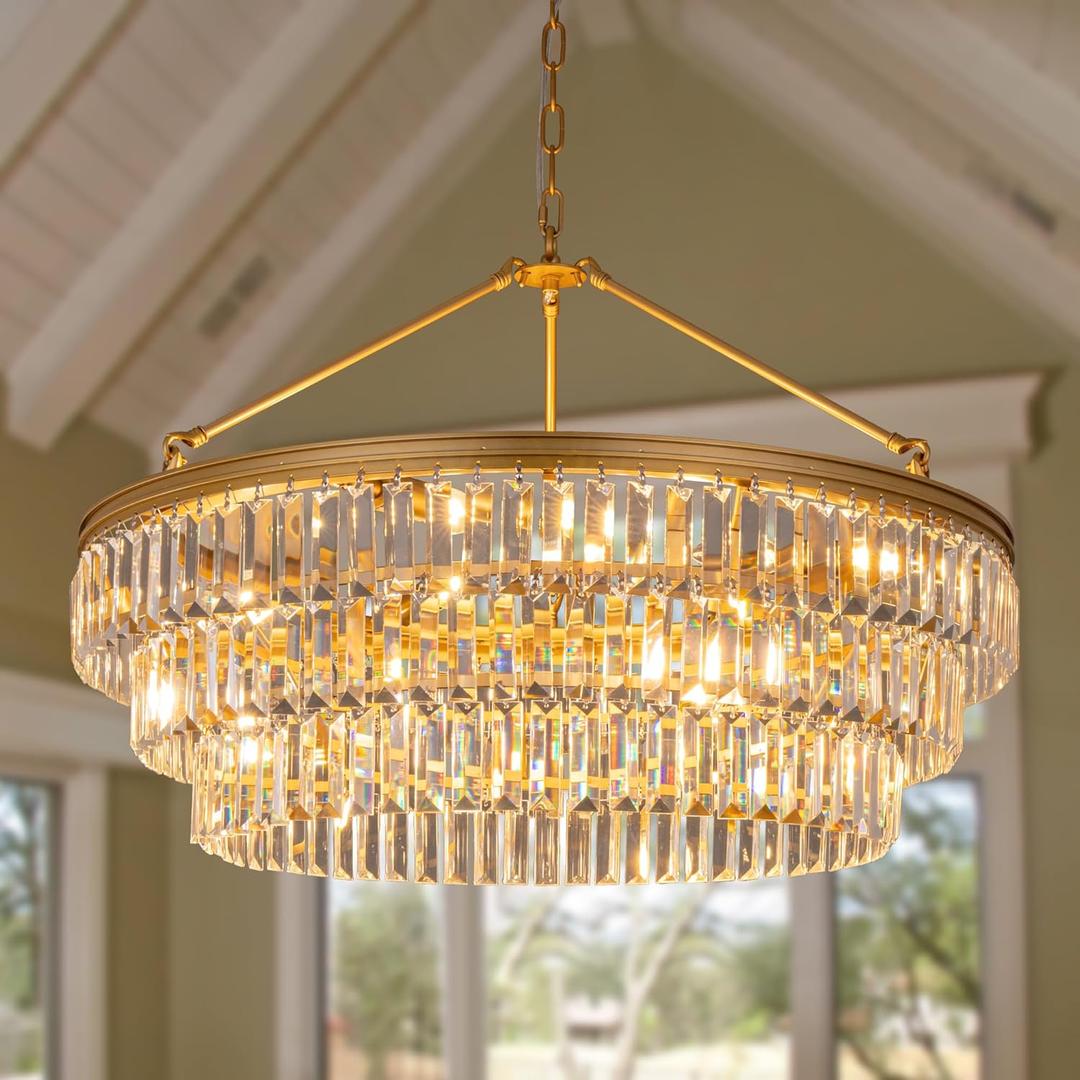 TOCHIC Gold Crystal Chandelier for Bedroom, 29" Modern Farmhouse Chandelier Light Fixture for Dining Living Room, Adjustable Round Hanging Chandelier for Kitchen Island, Foyer, Entryway