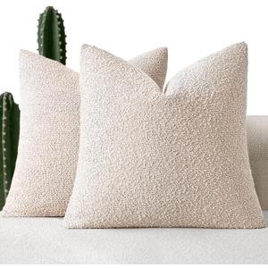 MIULEE 18x18 Inch Decorative Pillow Covers for Couch Bed Set of 2 Textured Boucle Neutral Throw Pillows Natural Beige Accent Solid Cushion Pillowcase Cozy Soft Sofa Livingroom Home Decor