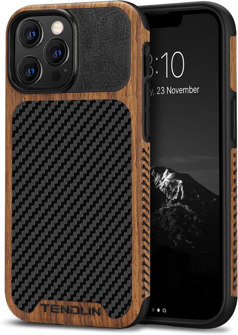 TENDLIN Compatible with iPhone 13 Pro Case Wood Grain with Carbon Fiber Texture Design Leather Hybrid Case Compatible for iPhone 13 Pro 6.1-inch Released in 2021 Black