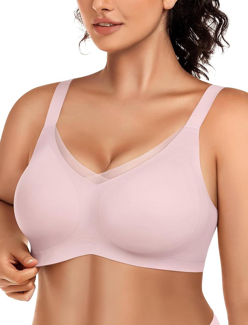 VRVOCIE Wireless Bras for Women No Underwire Crossover V Mesh Seamless Supportive Bralettes Full Coverage Everyday Bra (XX-Large, Pink)
