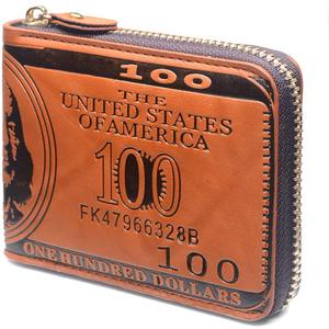 Mens US Dollar Bill Zip Around Bifold Wallet Leahter Card Credit Holder (Brown)