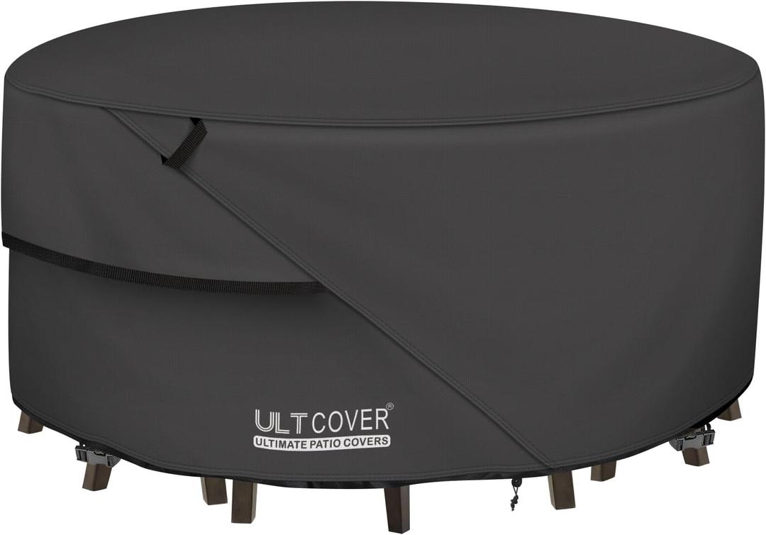 ULTCOVER Round Patio Furniture Cover - Outdoor Waterproof Table with Chair Set Cover 92 inch, Black