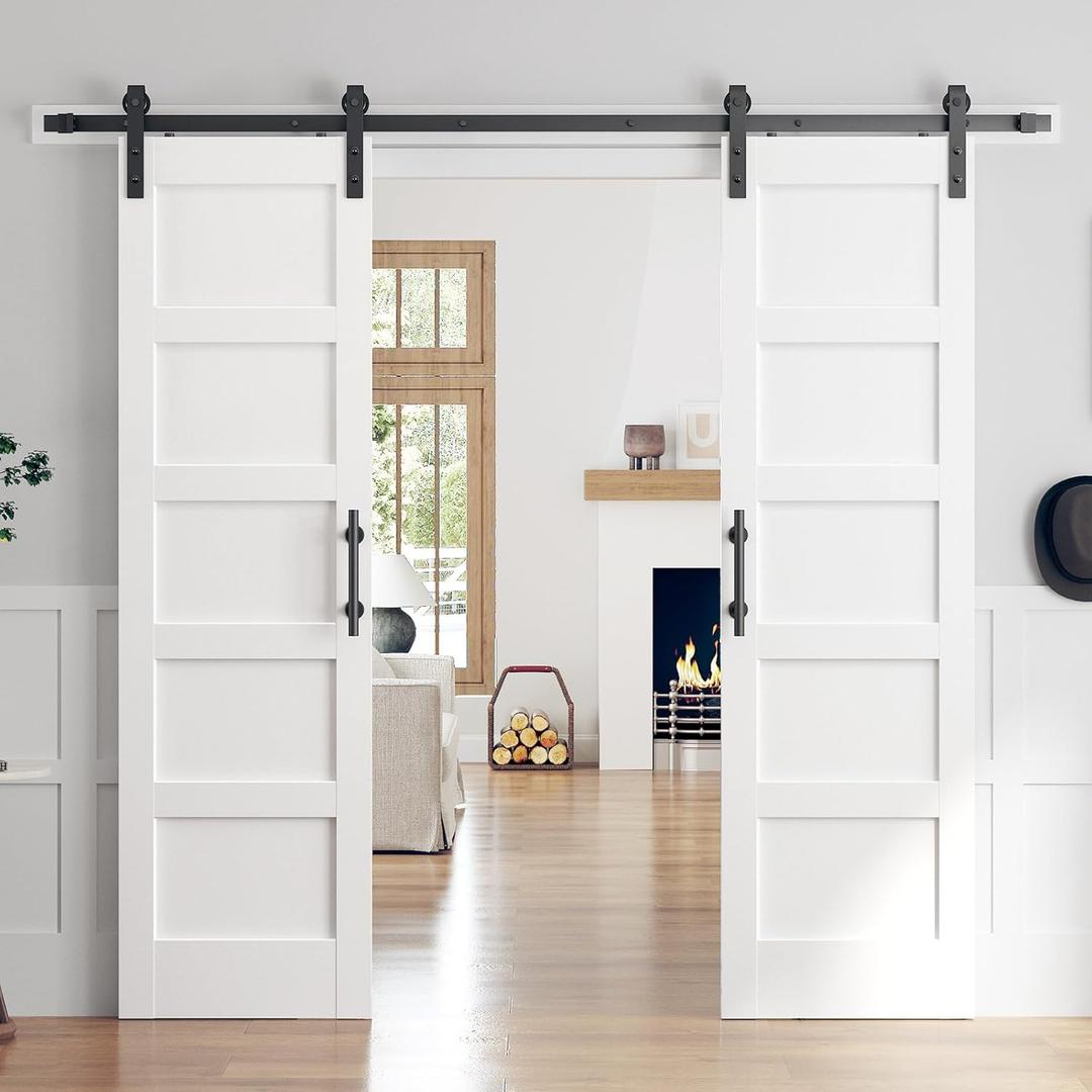 ROYMELO Double 2484 Inch White Sliding Barn Door Slab with 8ft Hardware Kit Included, 5-Panel, MDF Wood Panel Covered with Water-Proof Scratch-Proof PVC Surface, Simple DIY Assembly