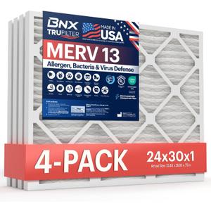 BNX TruFilter 24x30x1 Air Filter MERV 13 (4-Pack) - MADE IN USA - Electrostatic Pleated Air Conditioner HVAC AC Furnace Filters for Allergies, Pollen, Mold, Bacteria, Smoke, Allergen, MPR 1900 FPR 10