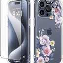 GVIEWIN for iPhone 15 Pro Case, [3 in 1] with Screen Protector & Camera Lens Protector, Clear Hard Shockproof Slim Fit Floral Phone Cover for Women Girls 2023 6.1" (Begonia Flowers/Blue)2 Pack