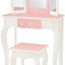 Teamson Kids Princess Gisele Twinkle Star Print 2-Piece Kids Wooden Play Vanity Set with Vanity Table, Tri-Fold Mirror, Storage Drawer, and Matching Stool, White with Pink and Gold Star Accent