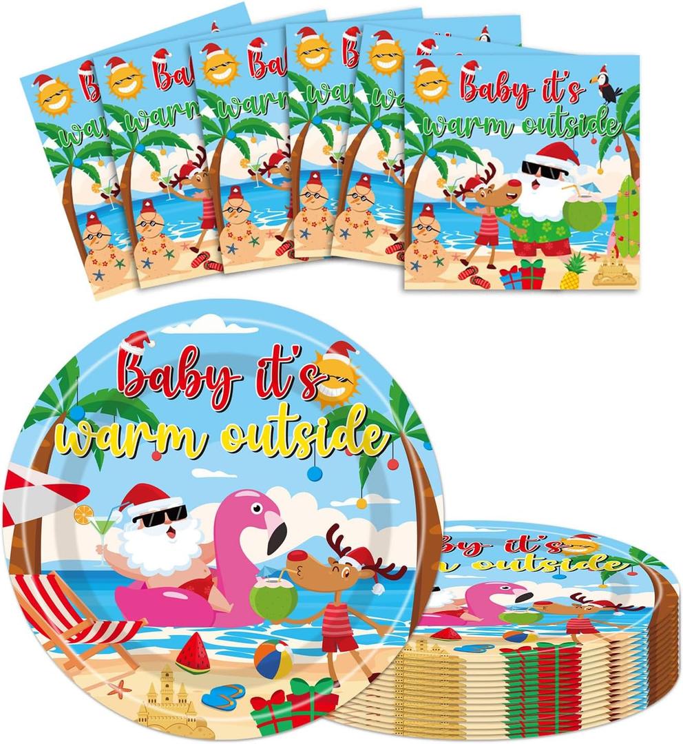 2 x Summer Christmas Baby Shower Decorations - 50Pcs Christmas in Summer Plates and Napkins Set Tropical Hawaiian Xmas Party Supplies for Beach Pool Picnic, Serves 25